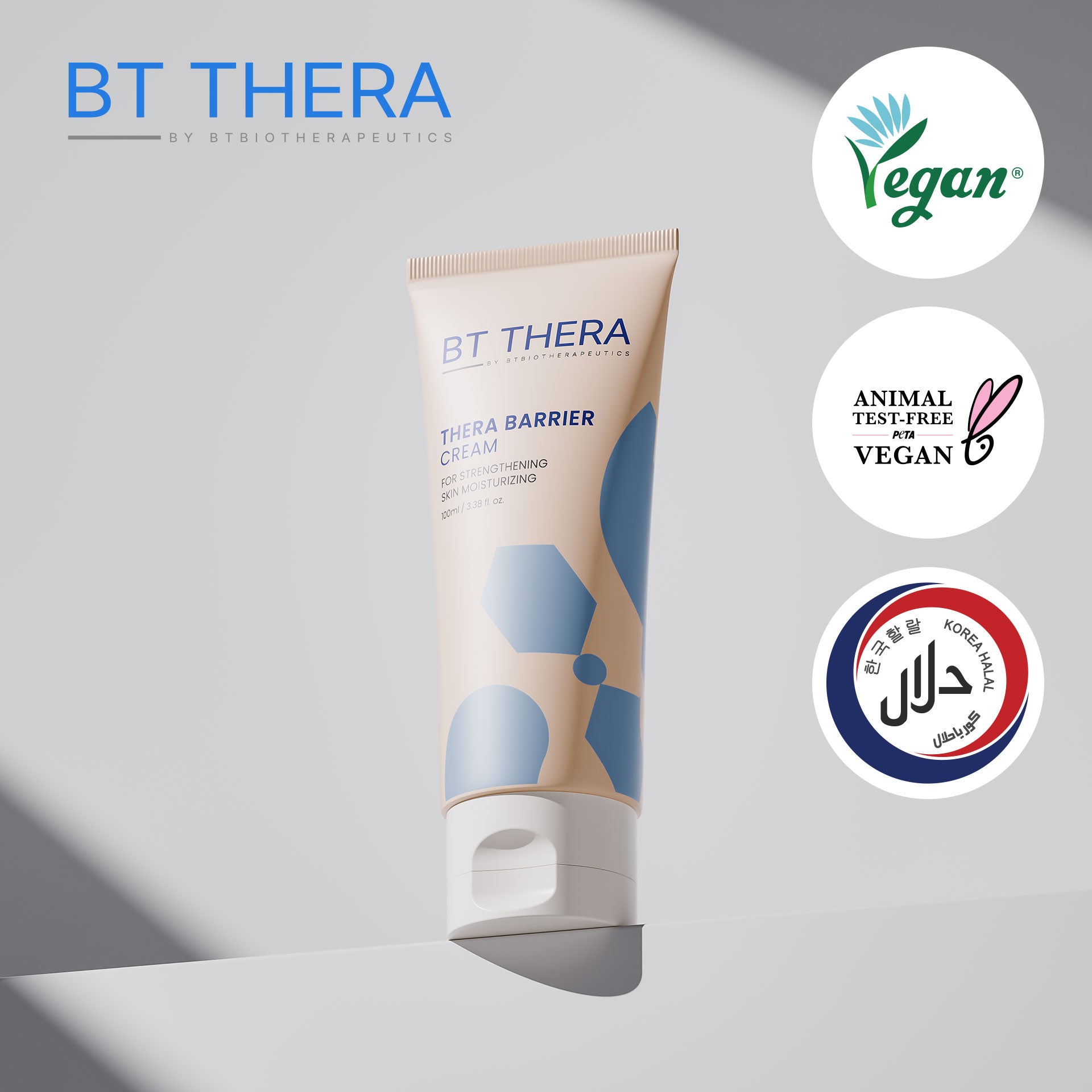 BT Thera barrier cream tube with ethical certification logos on a gray background